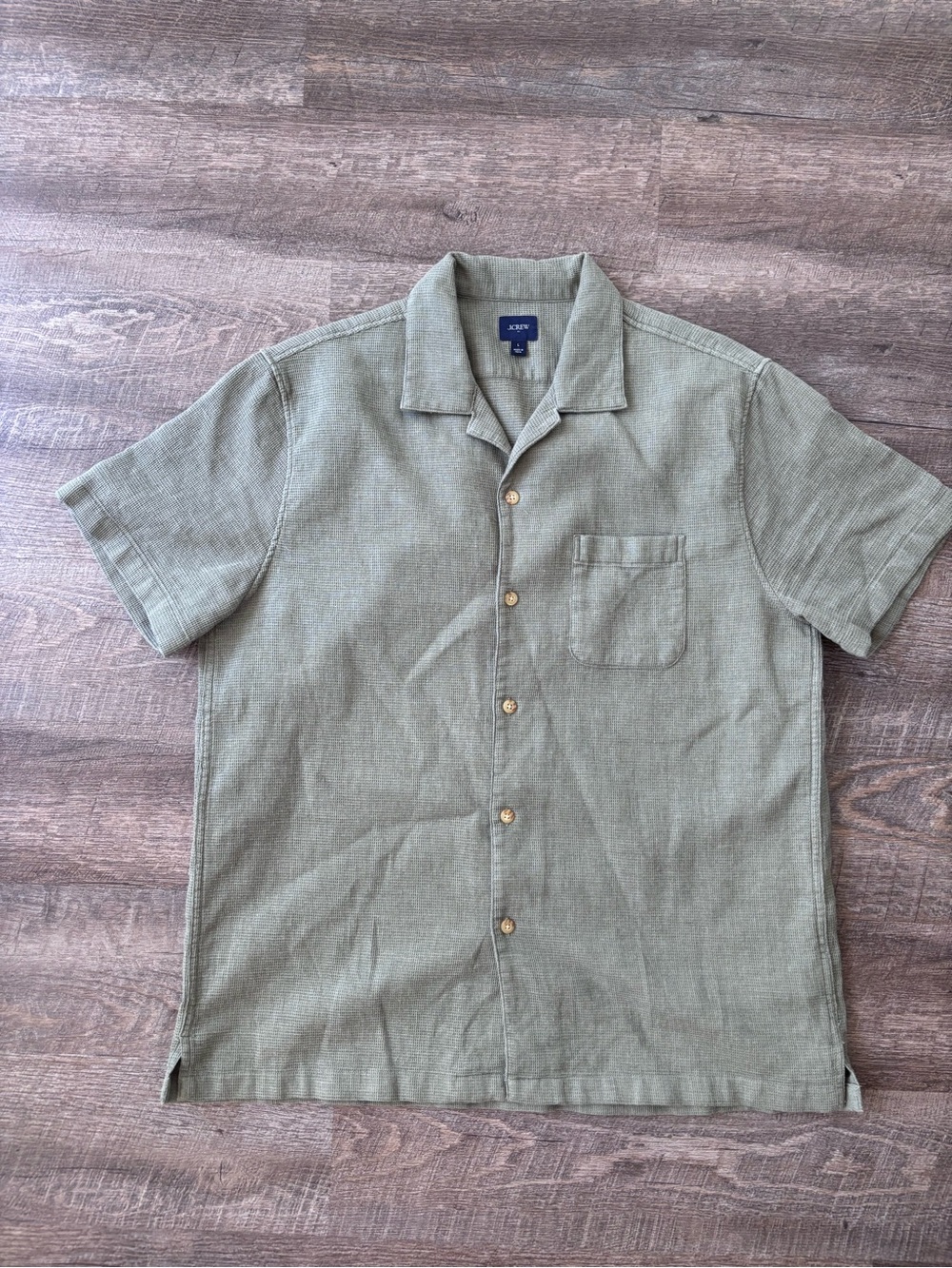 J. Crew Short-Sleeve Button-Up Waffle Shirt in Olive -L